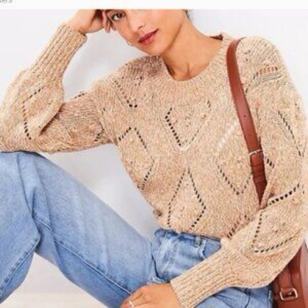 LOFT XL Knit Sweater Crew Neck Diamond Pattern Cream Tan Light Brown